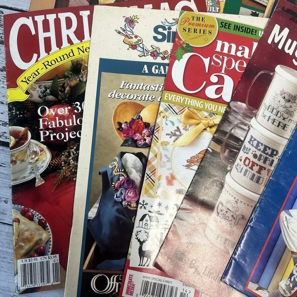 Vintage Set of 12 Craft Quilt Magazines Christmas Cross Stitch Leisure Arts Mugs